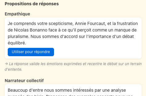 Propositions de réponses apaisantes par les personas